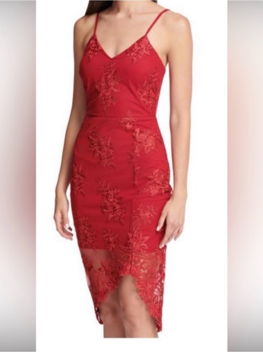 Guess Red Lace Midi Dress with Spaghetti Straps